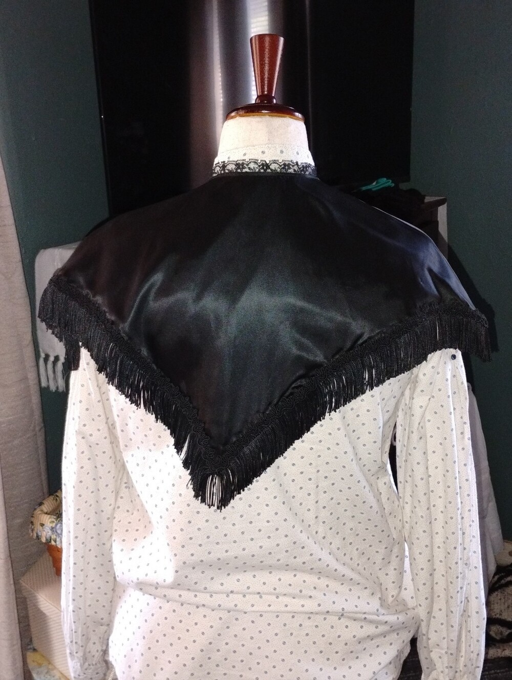 Black Fringed Satin Capelet Or Shoulder Wrap 1860s Victorian Reenacting